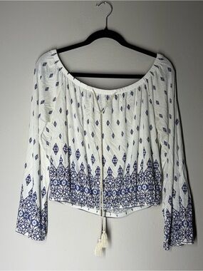Boho White and Navy Embroidered Peasant Top